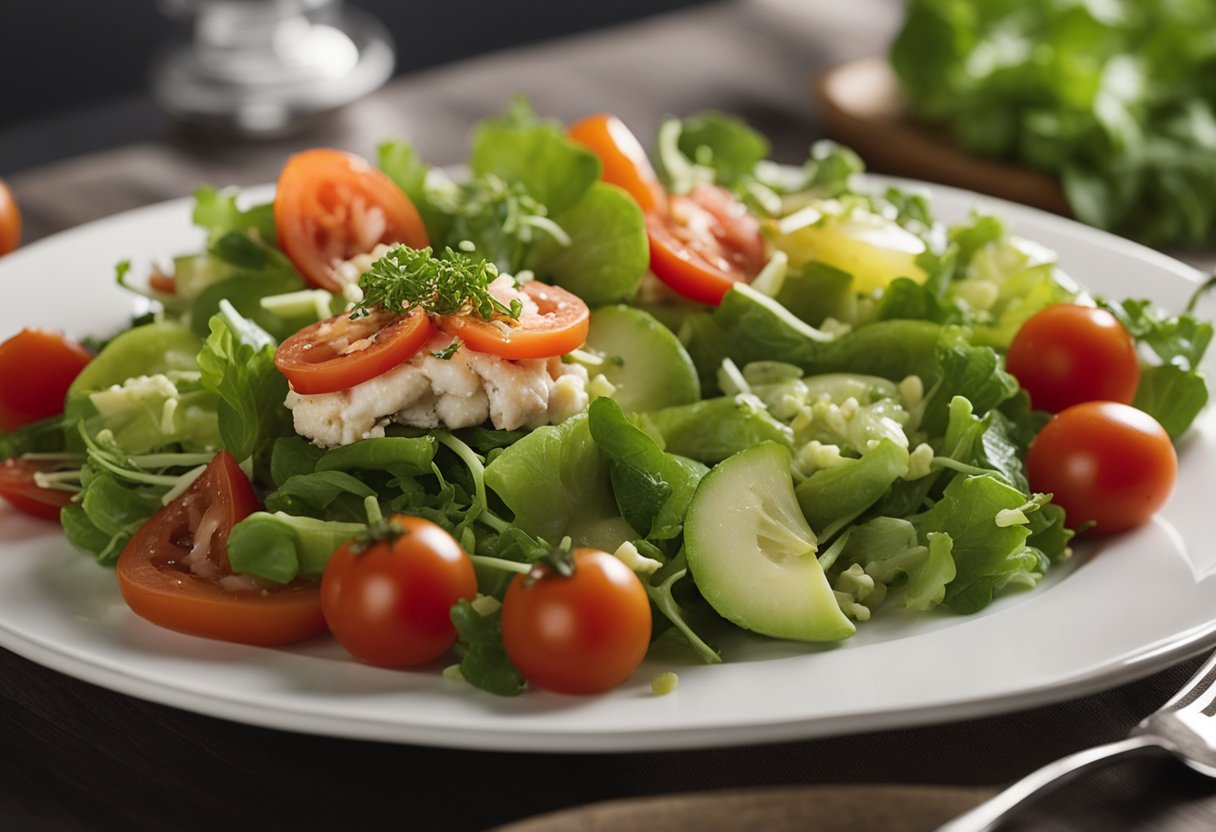 Fresh greens, ripe tomatoes, and succulent crab meat are being carefully arranged on a white plate. A drizzle of tangy vinaigrette is being poured over the salad, ready to be served