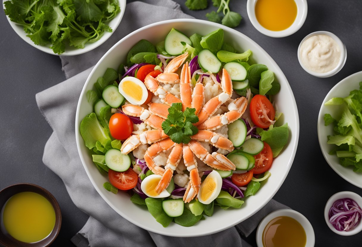 A colorful bowl filled with fresh crab meat, vibrant vegetables, and a light vinaigrette, surrounded by a variety of salad ingredients