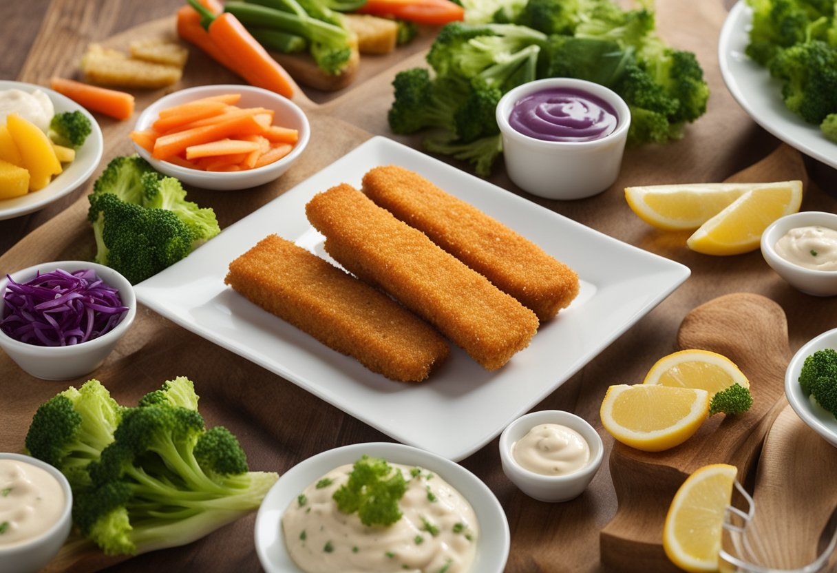 Golden, crispy fish sticks on a plate with a side of colorful vegetables and a dollop of tangy tartar sauce