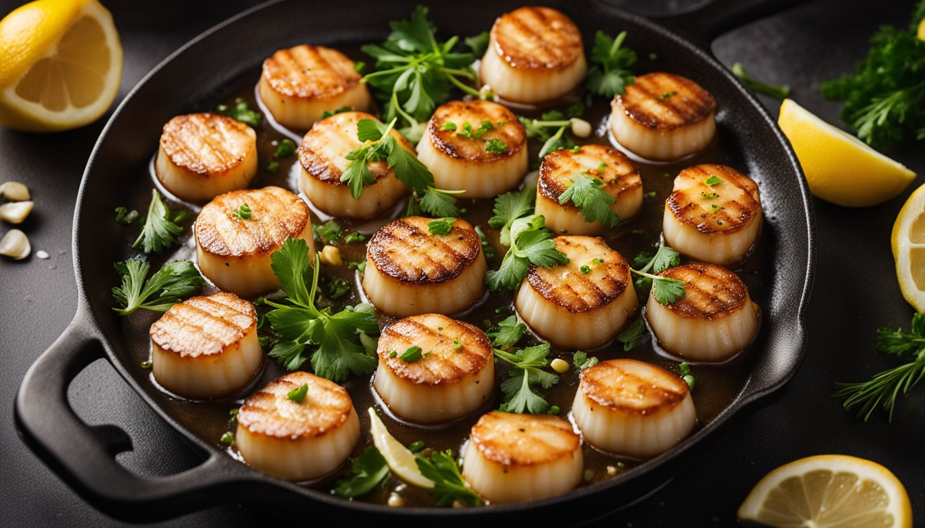 Golden-brown scallops sizzling in a hot pan with sizzling butter, garnished with fresh herbs and a squeeze of lemon