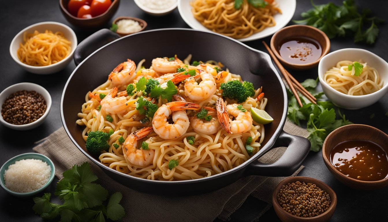 A sizzling wok fries plump prawns and noodles with aromatic spices and sauces, creating a mouthwatering aroma