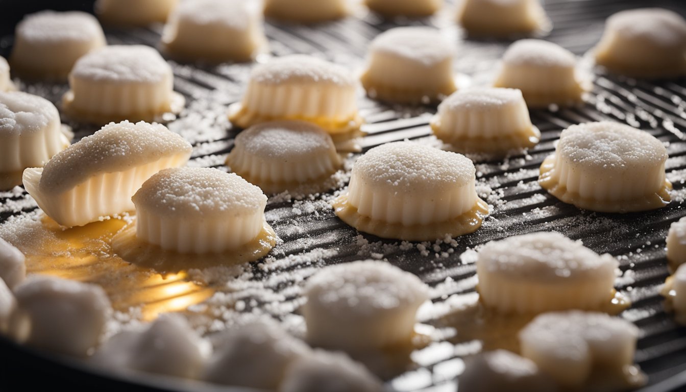 Scallops are being seasoned and coated in flour before being fried in a sizzling pan