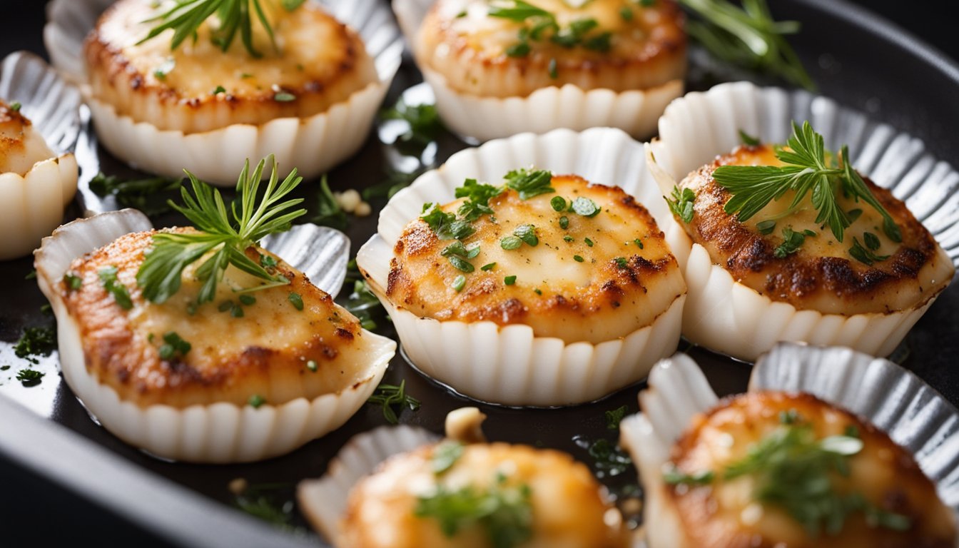 Scallops sizzle in a hot pan with butter, garlic, and herbs. The golden brown crust forms as they cook, releasing a savory aroma
