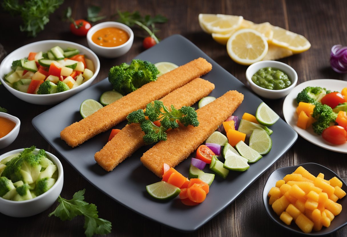 Healthy fish sticks arranged on a platter with colorful vegetable accompaniments