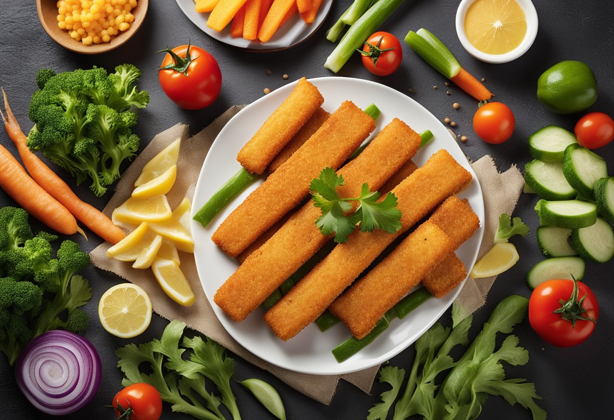 A plate of golden, crispy fish sticks surrounded by colorful, fresh vegetables. A banner with "Frequently Asked Questions healthy fish sticks" in bold letters