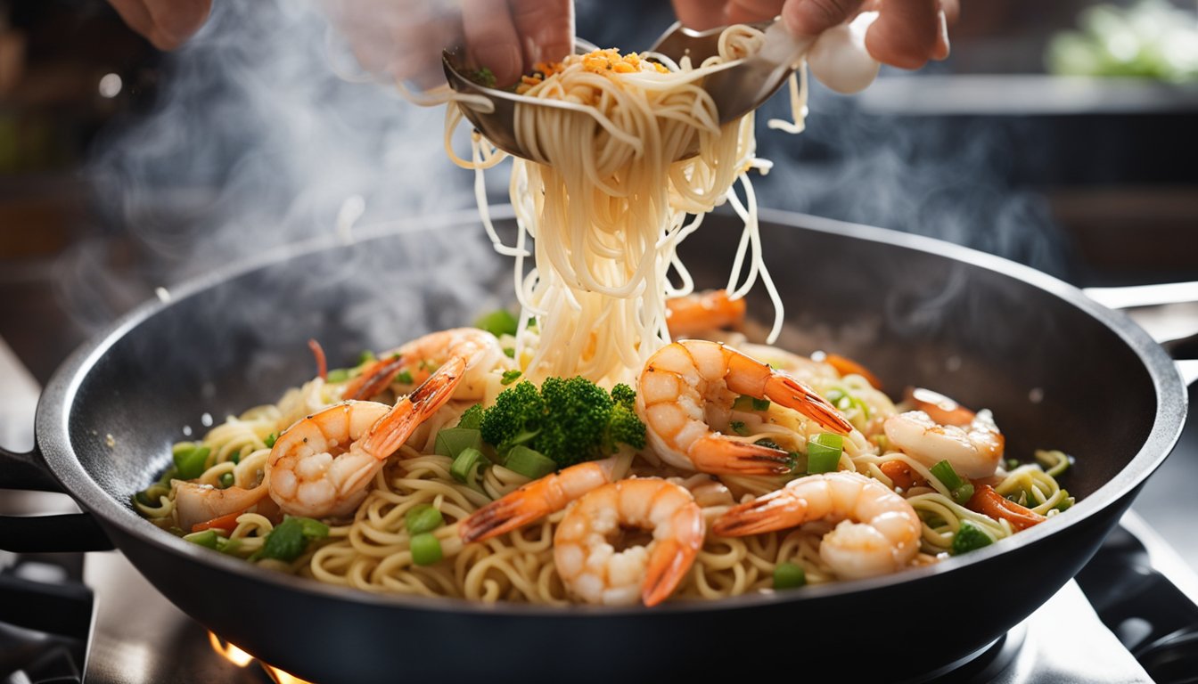 A sizzling wok tosses plump prawns, chewy noodles, and fragrant garlic in a cloud of steam, while a medley of savory sauces coats the dish