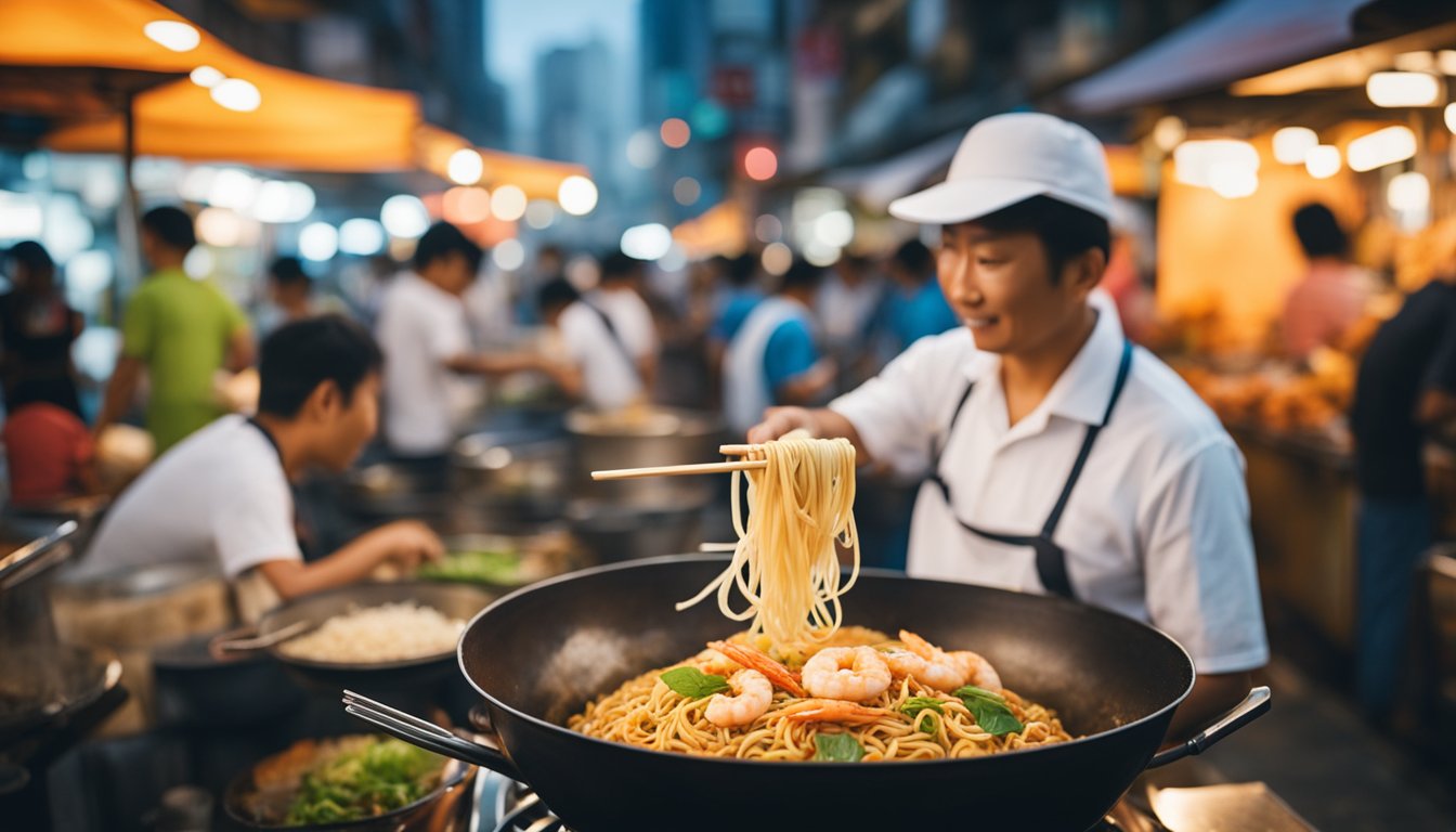 A sizzling wok of prawn noodle, surrounded by bustling street vendors and the aroma of exotic spices