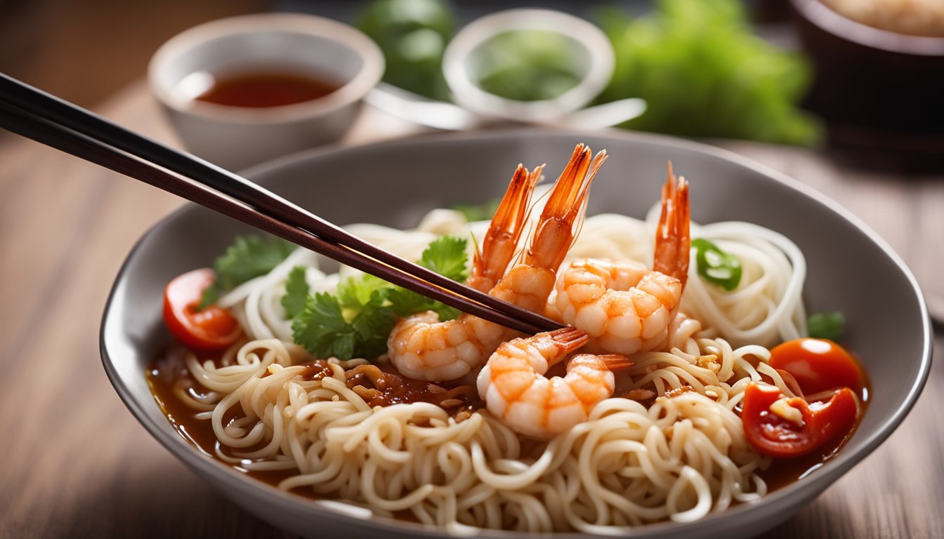 A steaming bowl of fried prawn noodle surrounded by chopsticks and a side dish of chili sauce