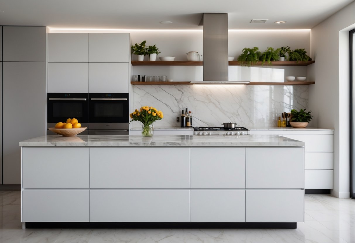 A modern kitchen with sleek white cabinets, stainless steel appliances, and marble countertops. The cabinets have clean lines and minimal hardware, creating a minimalist and stylish look