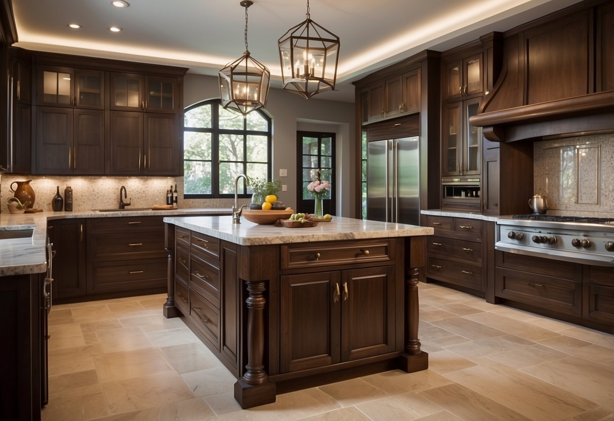 A spacious kitchen with elegant, traditional cabinet designs. Rich wood finishes and intricate details create a timeless and sophisticated atmosphere