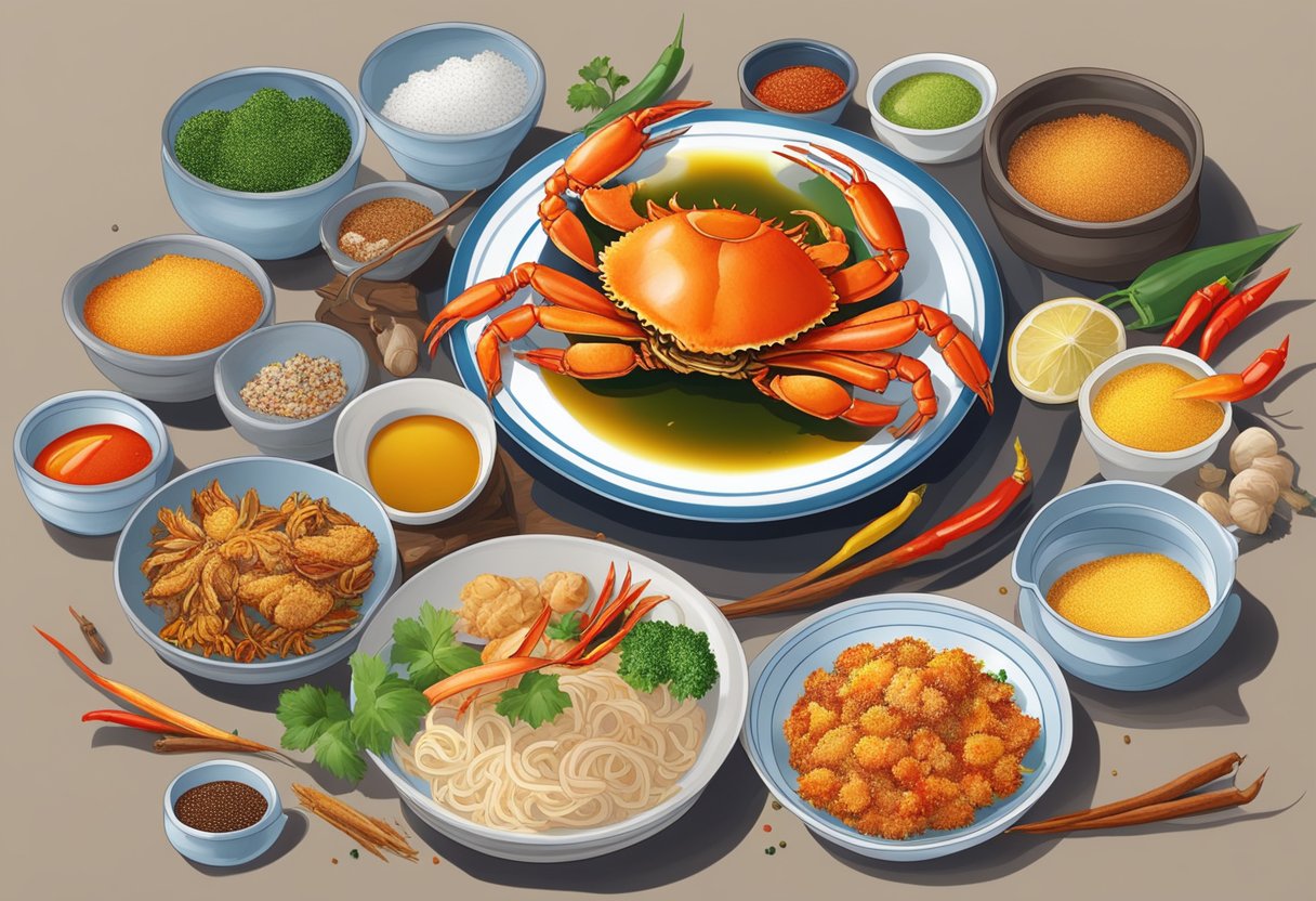 A table set with a steaming plate of Hee Kee fried crab, surrounded by colorful spices and condiments