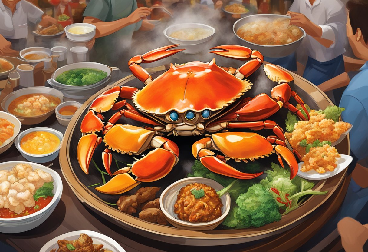 The sizzling crab dish emits a tantalizing aroma, surrounded by bustling activity and vibrant colors at Hee Kee hee kee restaurant