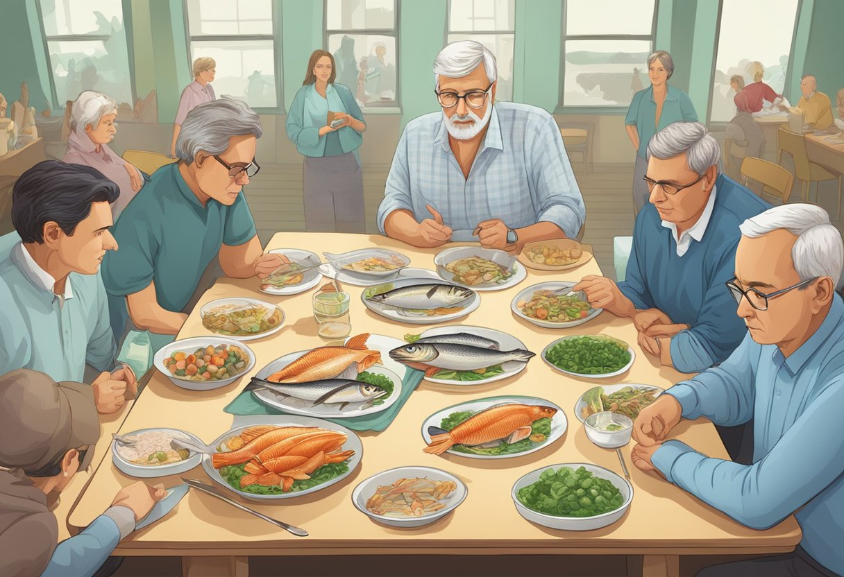 A table with a list of high cholesterol fish to avoid, surrounded by concerned individuals