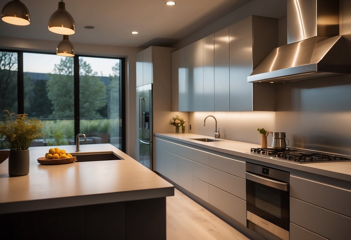 Soft, warm light illuminates modern kitchen cabinets, casting a subtle glow on sleek surfaces and highlighting the clean lines and minimalist design