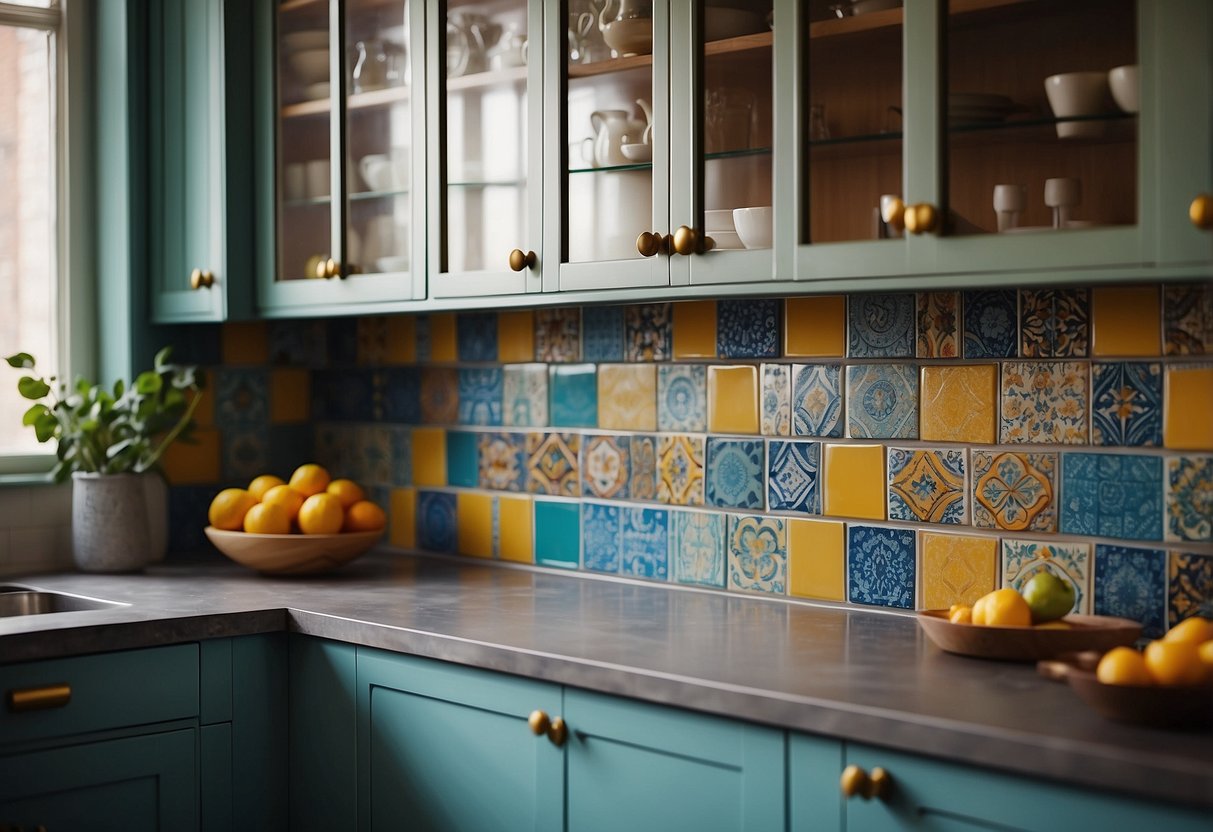 Vibrant tiles and patterns adorn kitchen cabinets. Unique backsplashes add a pop of color and style to the space