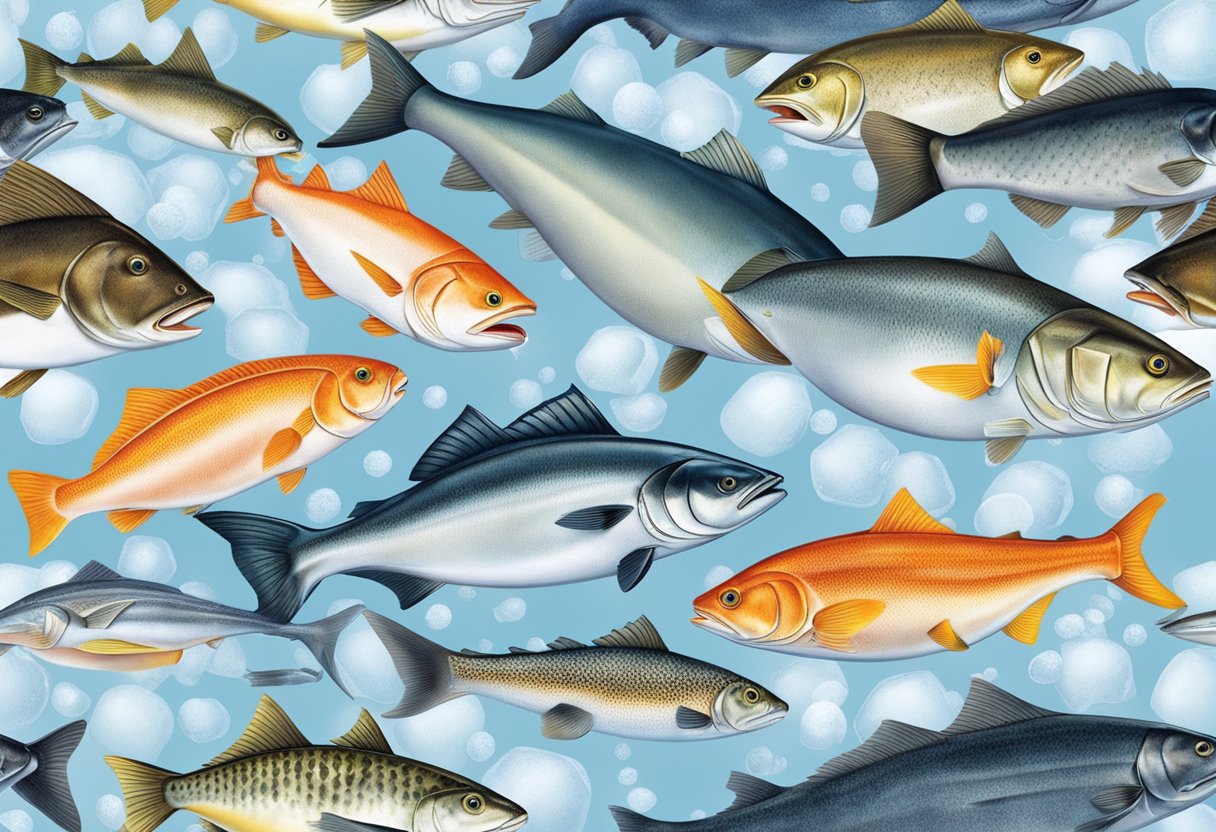 A variety of fish, such as salmon, tuna, and cod, are displayed on a bed of ice with their scales and glistening, showcasing their high-protein content