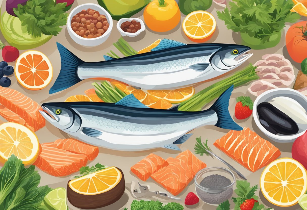 A colorful array of high-protein fish, including salmon, tuna, and sardines, are displayed alongside vibrant fruits and vegetables, highlighting their health benefits and nutritional value