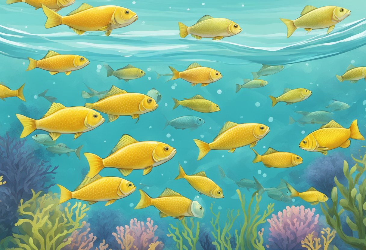 A school of fish swimming in clear water, with a banner reading "Frequently Asked Questions: High Protein Fish" above them