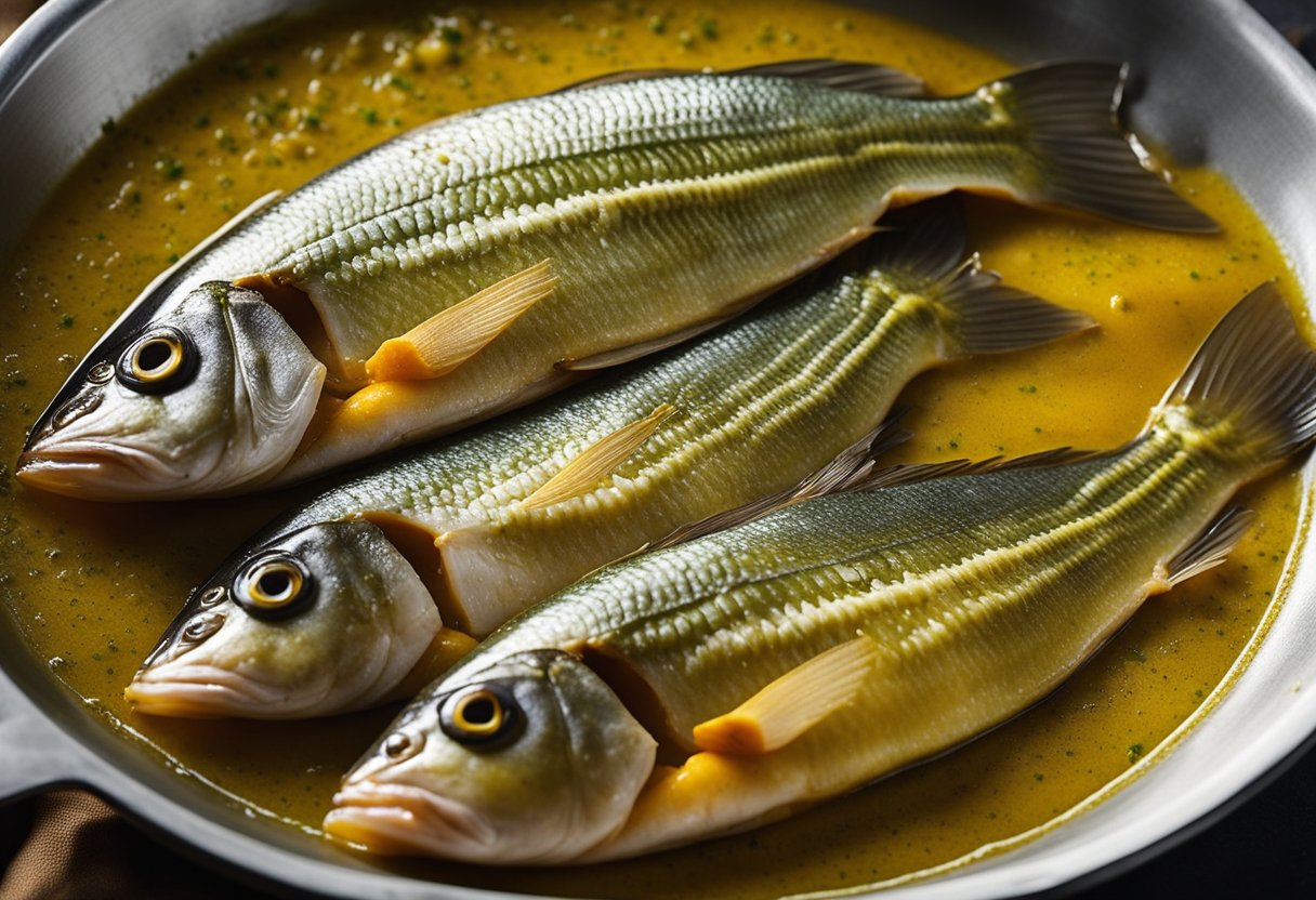 A whole hilsa fish being marinated in a mixture of spices and mustard oil, ready to be cooked in a traditional Bengali recipe