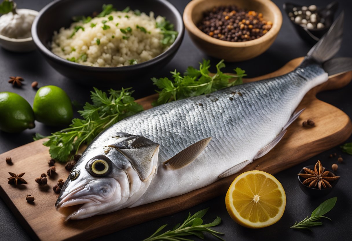 A fresh hilsa fish lies on a cutting board, surrounded by aromatic spices, herbs, and a sharp knife. The chef's hands expertly clean and prepare the fish for cooking