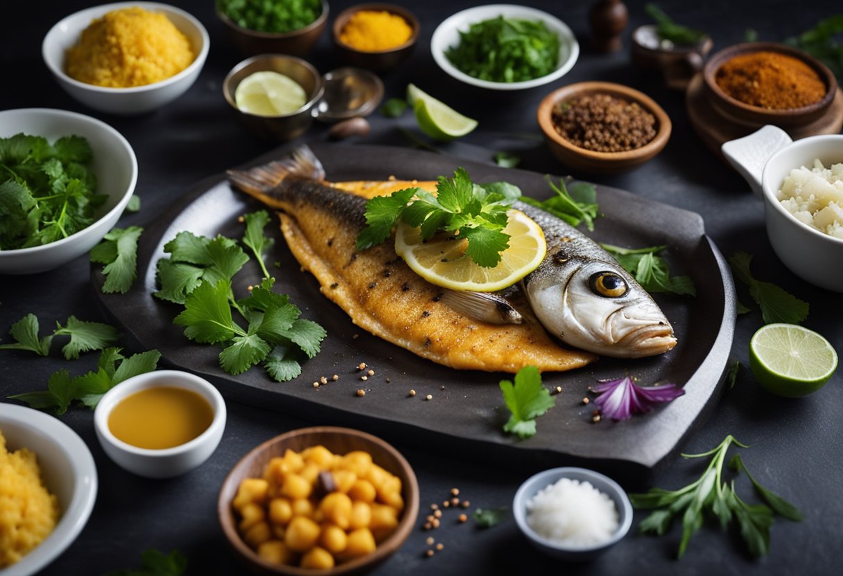 A chef prepares iconic Hilsa fish recipes with traditional spices and ingredients. The fish is marinated and grilled to perfection, creating a mouthwatering dish