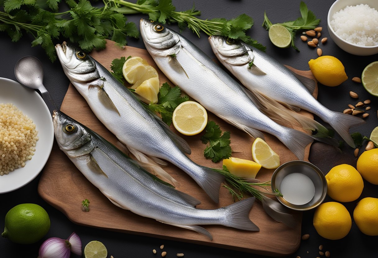 A whole hilsa fish being prepared with various ingredients and utensils laid out on a clean kitchen counter