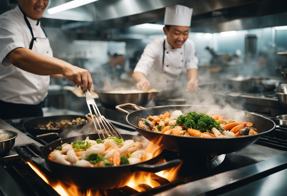 A chef tosses a medley of frozen seafood into a sizzling wok, adding aromatic spices and vibrant vegetables in a bustling Singaporean kitchen
