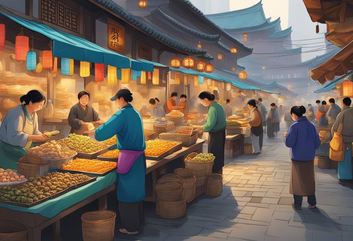 A bustling street market in Fu Zhou, China, with vendors skillfully crafting oyster cakes amidst a backdrop of traditional architecture and vibrant colors