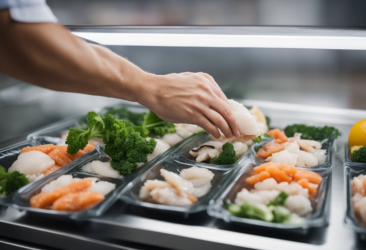 A hand reaches into a freezer, pulling out a bag of frozen seafood mix. The bag is placed on a clean, white cutting board, ready to be thawed and prepared for a delicious seafood dish