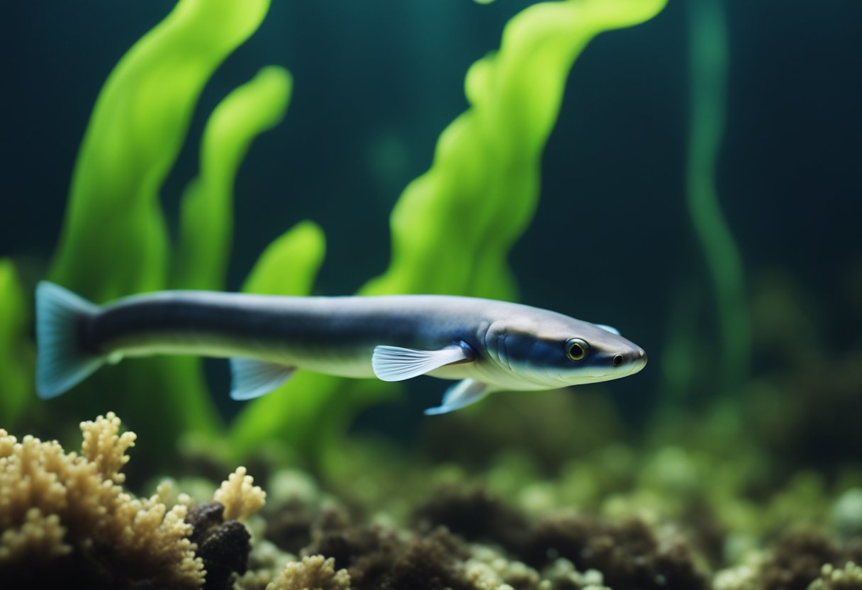 An eel fish glides through the murky water, its sleek body undulating gracefully as it moves through the underwater landscape