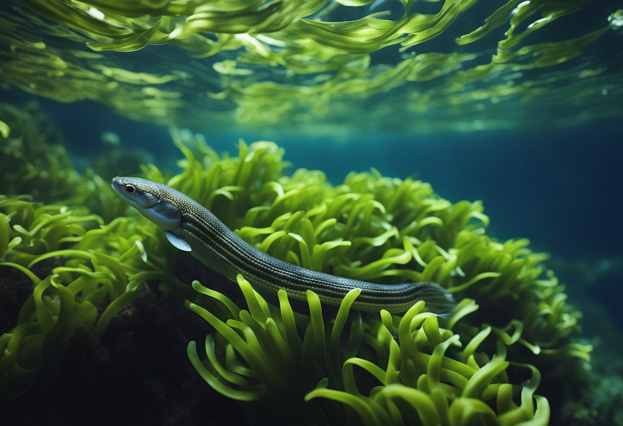 An eel fish swims gracefully among the swirling seaweed, its sleek body undulating through the water with ease