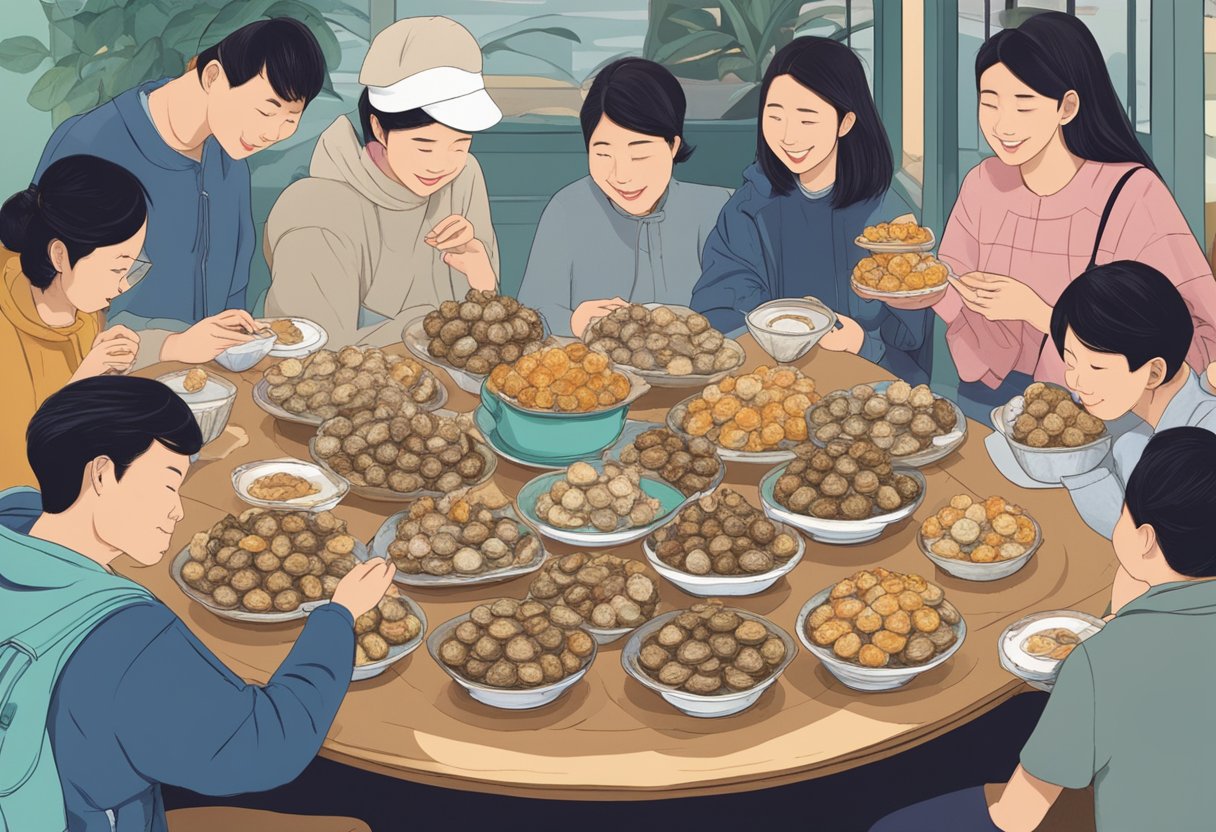 A table with a variety of Fu Zhou oyster cakes, a sign with "Frequently Asked Questions" and a group of people enjoying the cakes