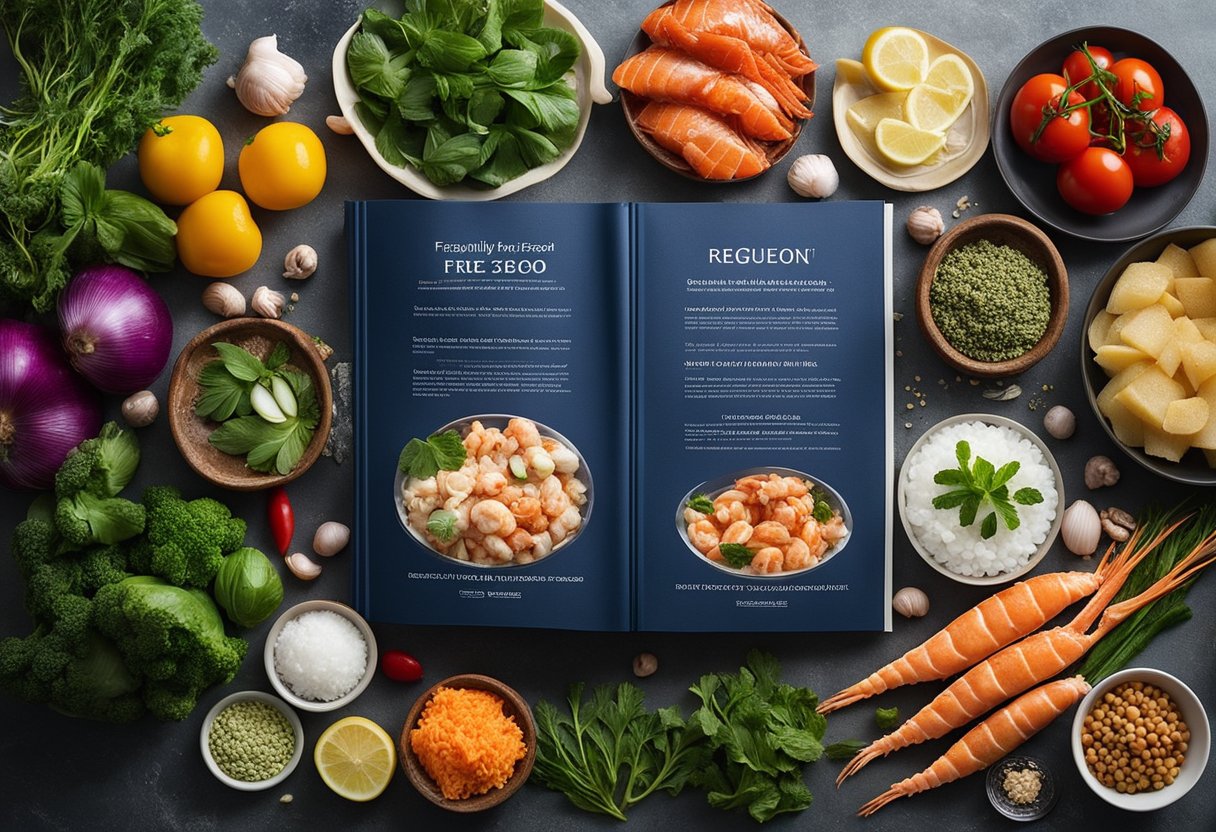 A variety of frozen seafood ingredients lay on a kitchen counter, alongside colorful vegetables and aromatic herbs. A recipe book is open to a page titled "Frequently Asked Questions frozen seafood mix recipes singapore."