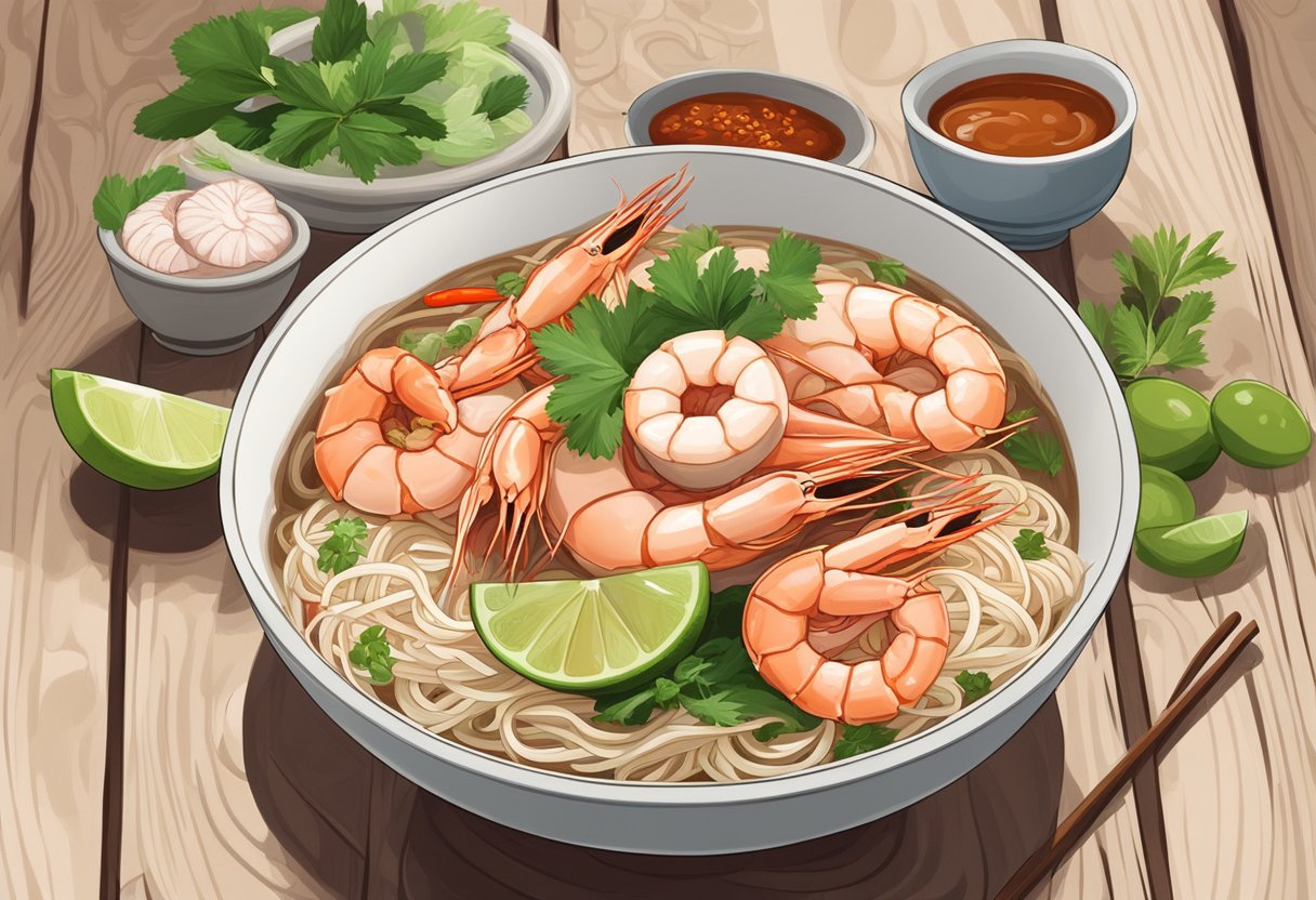 A steaming bowl of Hoe Nam Prawn Mee sits on a rustic wooden table, surrounded by fresh prawns, sliced pork, and fragrant herbs, with a side of chili paste and lime