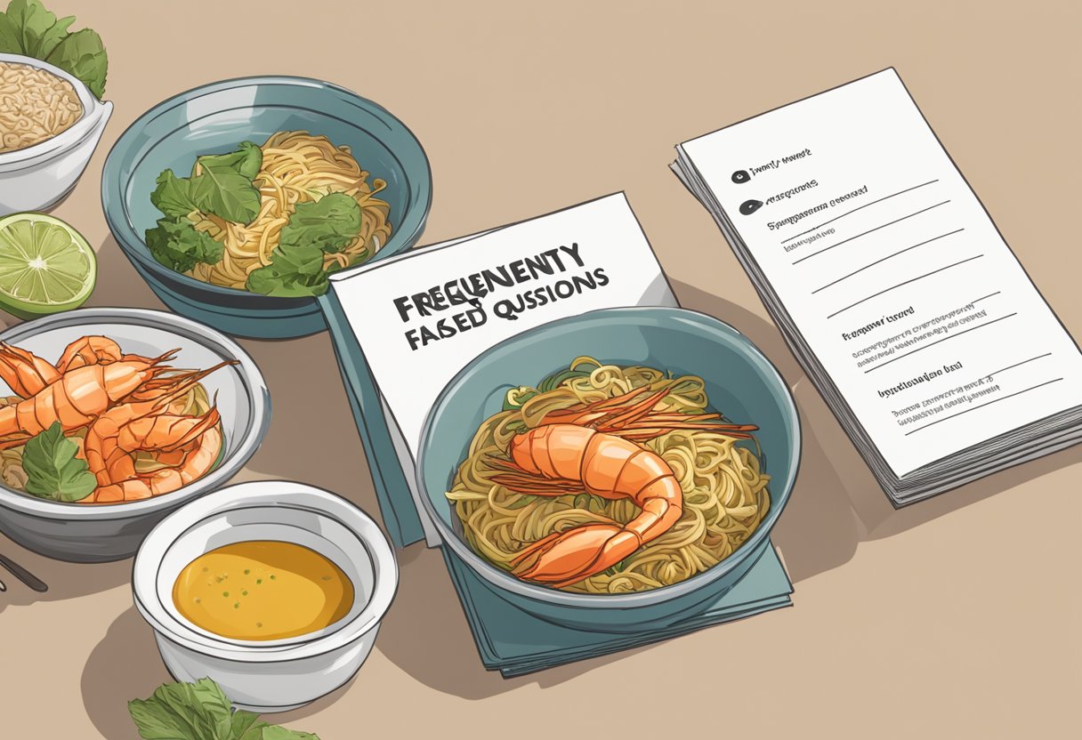 A stack of FAQ cards with "Frequently Asked Questions" printed on them, surrounded by prawn mee ingredients and utensils