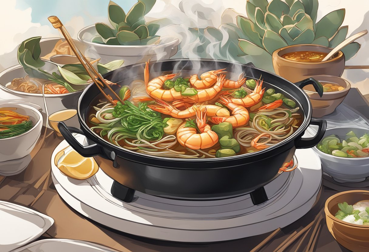 A sizzling wok fries up succulent sotong and prawns, while aromatic broth simmers nearby, enveloping the air with tantalizing scents
