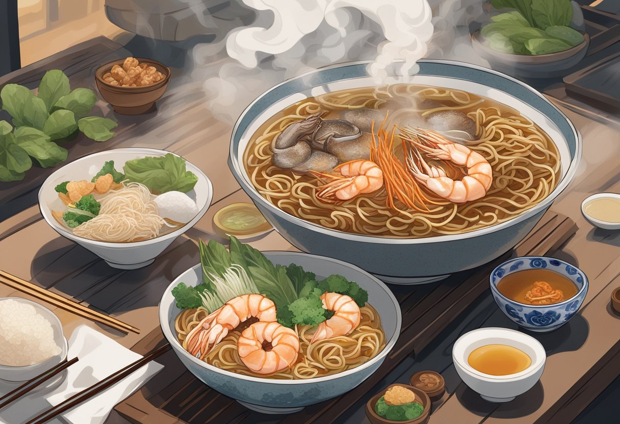 A steaming bowl of hong heng fried sotong prawn mee sits on a table, surrounded by condiments and chopsticks. Steam rises from the fragrant broth, and the sotong and prawns glisten in the light