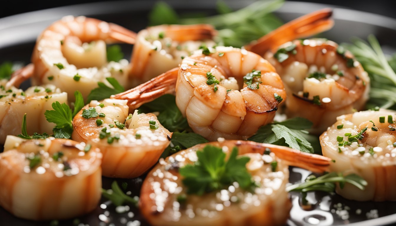 A sizzling pan of garlic and butter prawns, with steam rising and a sprinkle of fresh herbs on top