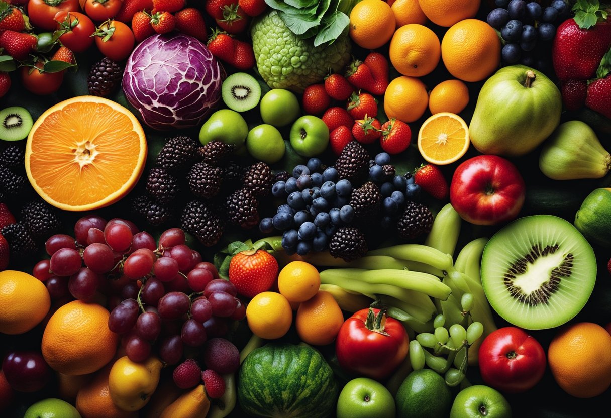 How Does Color Affect Food Choice: A colorful array of fruits and vegetables, with vibrant hues and varying shades, displayed alongside dull, monochromatic processed foods