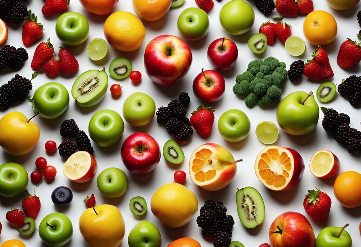 How Does Color Affect Food Choice: A vibrant array of fruits and vegetables in various colors, arranged on a table. A person reaches for a bright red apple