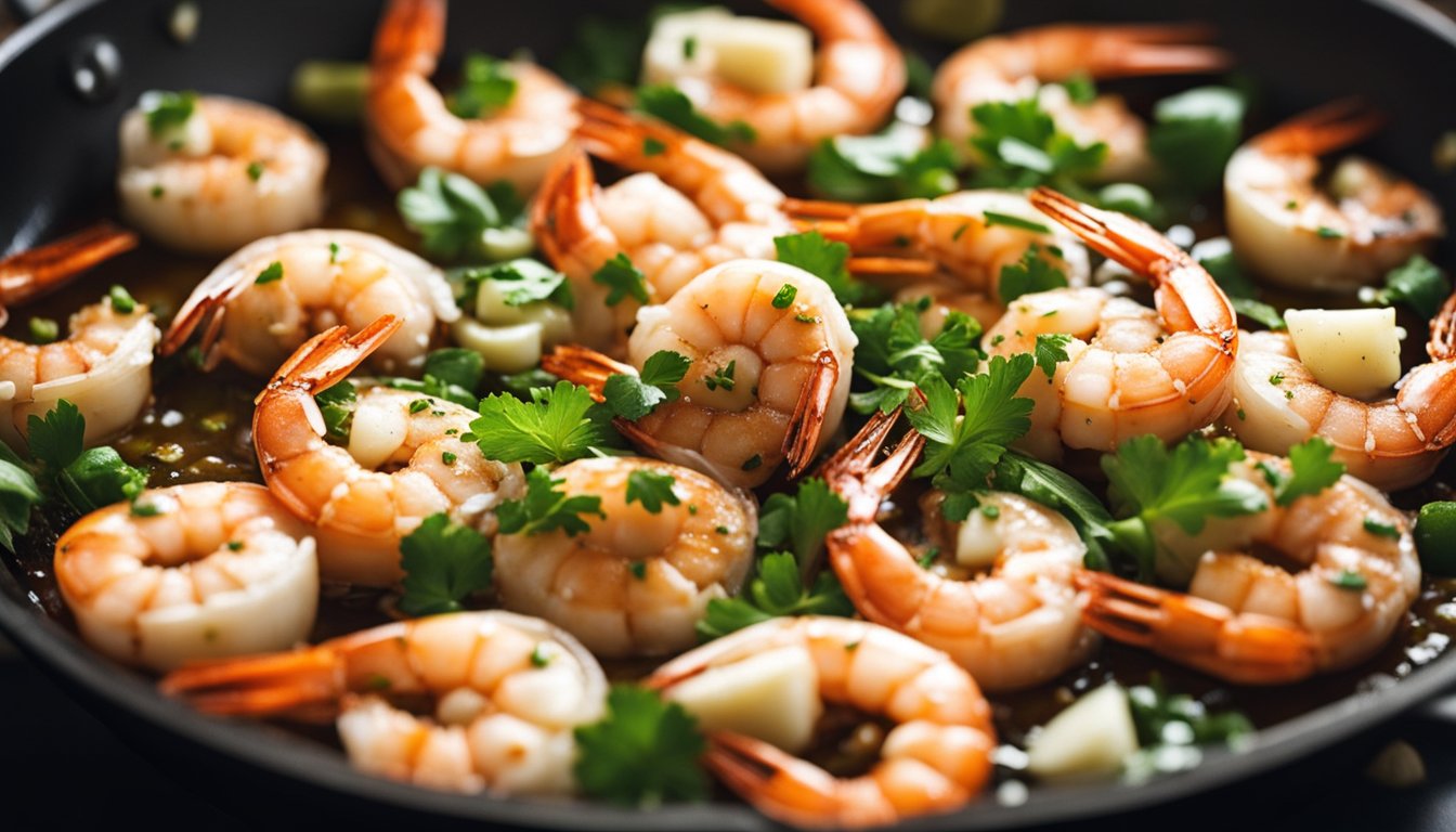 Prawns sizzling in a pan with garlic and butter, emitting a savory aroma