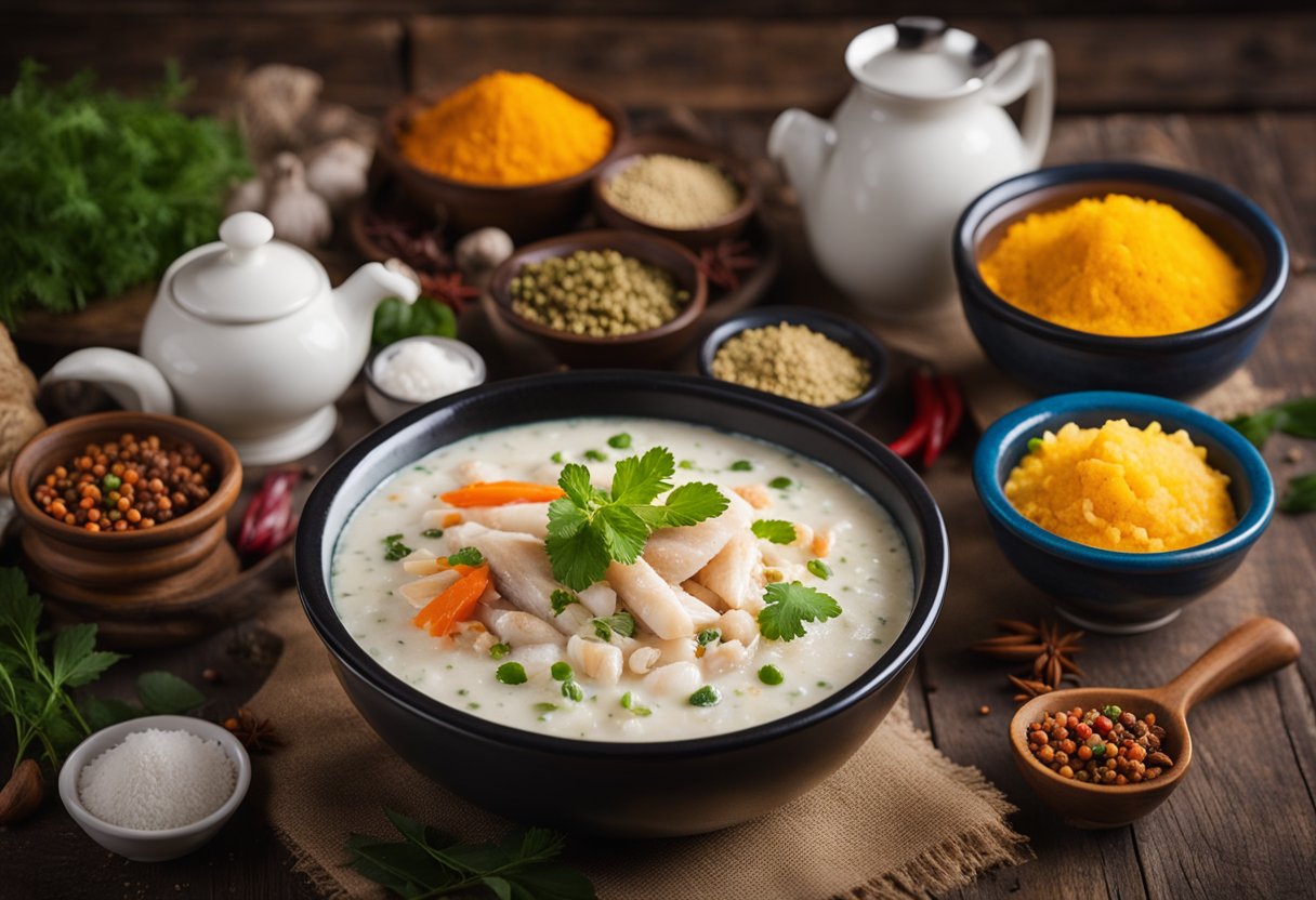 A steaming bowl of Hoover fish porridge sits on a rustic wooden table, surrounded by colorful spices and herbs. The aroma of the flavorful dish wafts through the air, evoking a sense of comfort and tradition