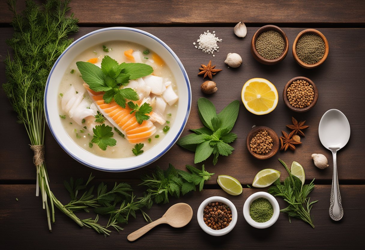 A steaming bowl of hoover fish porridge sits on a rustic wooden table, surrounded by vibrant herbs and spices. A spoon rests on the side, ready to be used