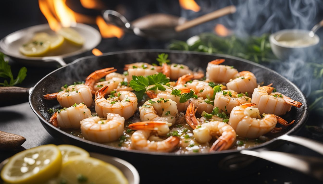 Garlic and butter prawns sizzling in a hot pan, emitting a savory aroma. Steam rising, prawns turning pink, surrounded by chopped garlic and melted butter