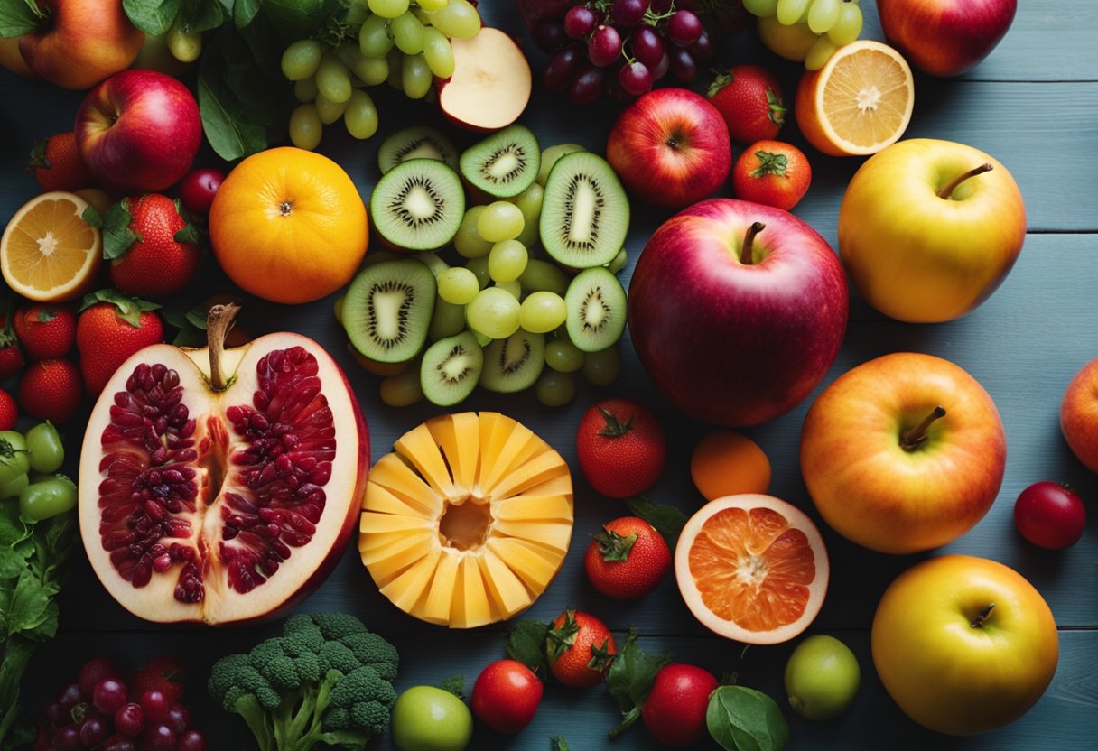 How Does Color Affect Food Choice: A vibrant array of fruits and vegetables in a rainbow of colors, arranged on a table. A person reaching for a juicy red apple