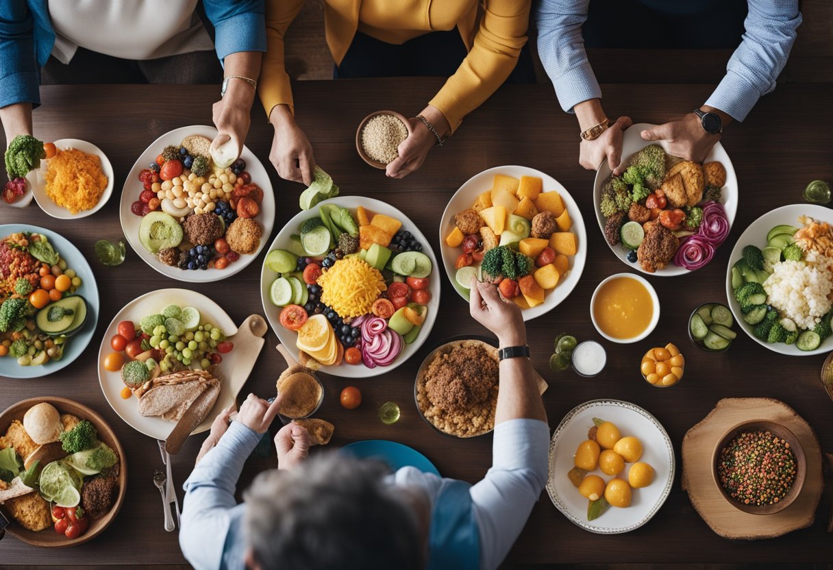 How Does Color Affect Food Choice: A group of diverse individuals of varying ages gather around a table with an array of colorful foods. Each person is drawn to different colors, reflecting their cultural background and age preferences