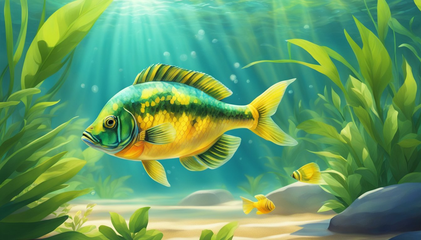 Colorful freshwater fish swim among vibrant green plants in a crystal-clear stream. Sunlight filters through the water, casting dappled shadows on the sandy bottom