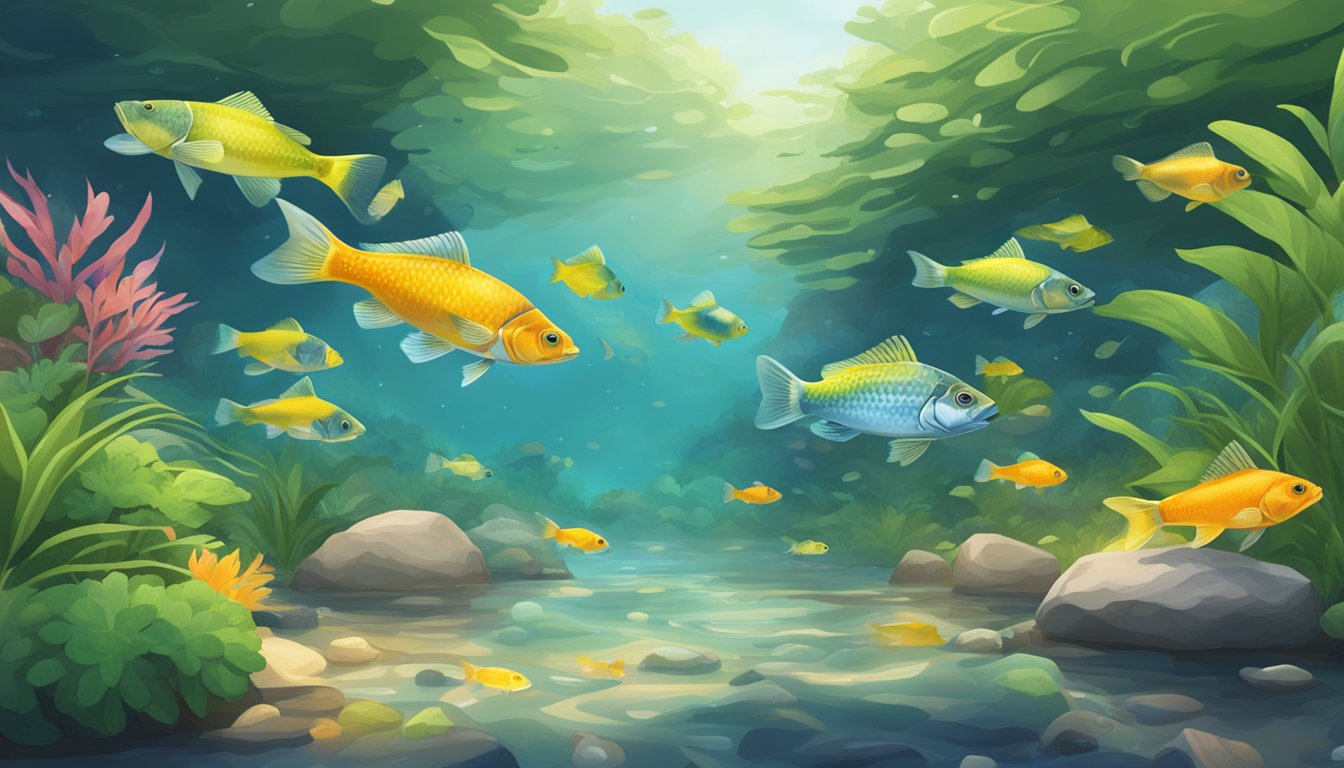 A school of colorful freshwater fish swimming in a clear, bubbling stream with lush green plants and rocks scattered along the bottom