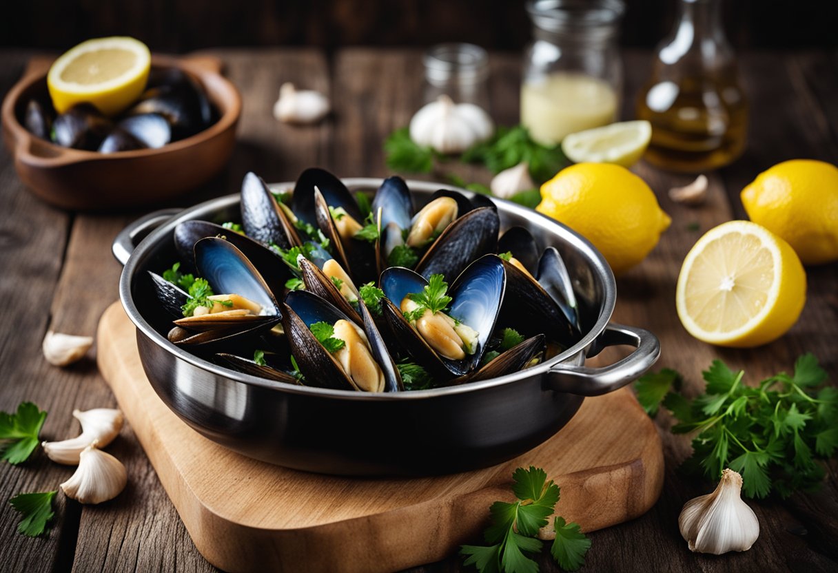 A steaming pot of garlic butter mussels on a rustic wooden table. Lemon wedges and fresh parsley garnish the dish