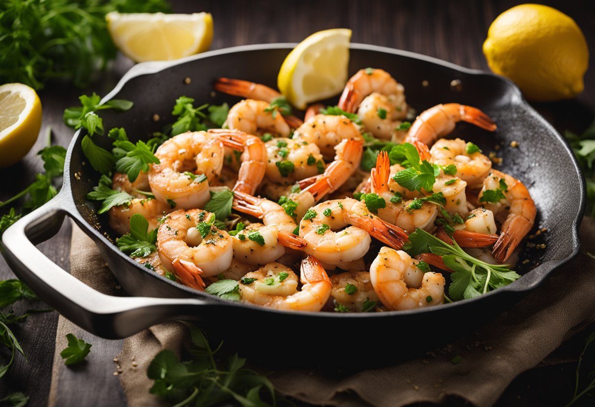 Sizzling garlic prawns in a hot skillet, surrounded by vibrant herbs and lemon slices